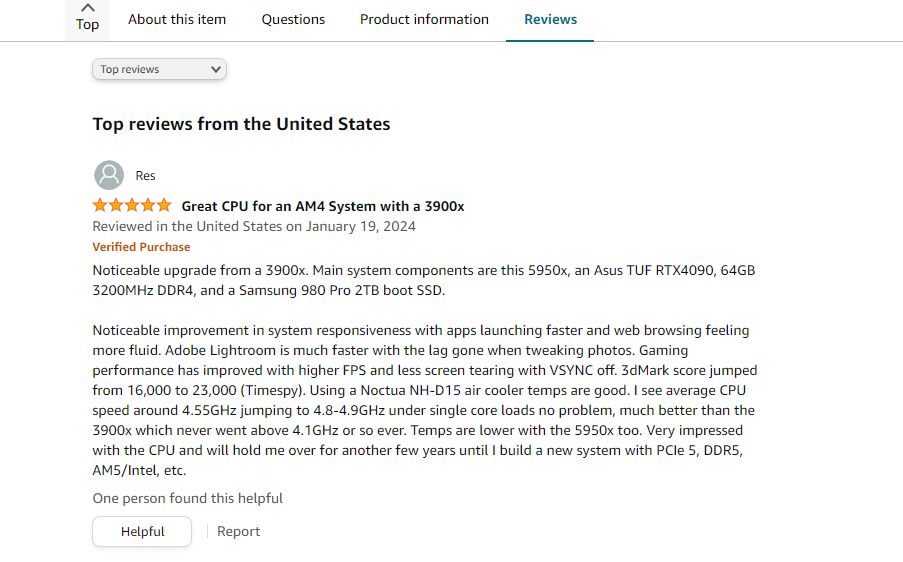 A screen shot of a page with a review of a product.