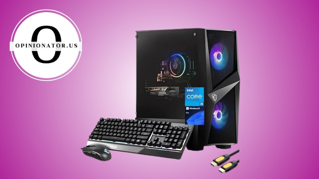 The best gaming PC under $1000, complete with a keyboard and mouse, set against a stylish pink background.