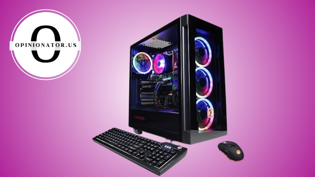 The best gaming PC under $1000, featuring a keyboard and mouse on a vibrant pink background.